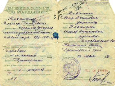 Свидетельство о рождении сына