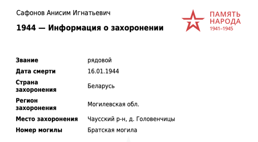 Информация о захоронении