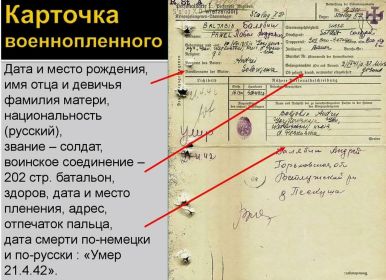 Расшифровка надписей на карточке военнопленного. (взято из интернета)