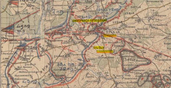 Карта боев 06.08. по 14.08.1943 г. Красным крестиком отмечено место возможной гибели К.Г.Мишустина