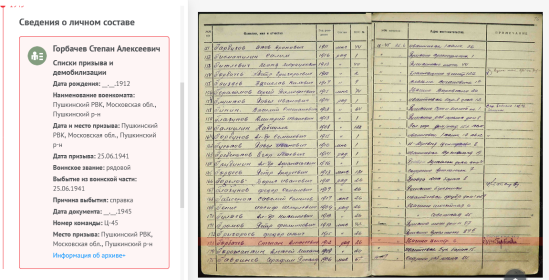 Документ призыва 26.06.194 с Центральной, 6. Команда Ц-45. Пометка в гр. "примечания": "22.01.42 - Горбачёва"