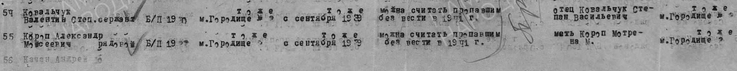 Строка из ведомости Городищенского РВК за 1946 год.
