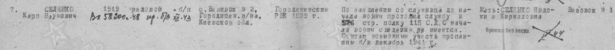 Строка ведомости Городищенского РВК за 1949 год.