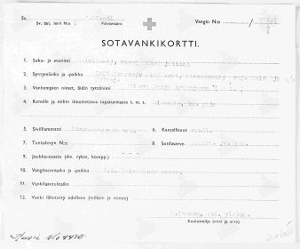 Карточкв военнопленного Финляндии. Синицкий Павел Николаевич. Стр. 1