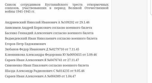 Список сотрудников кустанайского треста откормочных совхозов, участввавших в период Второй Отечественной войны для награждения юбилейной медалью.