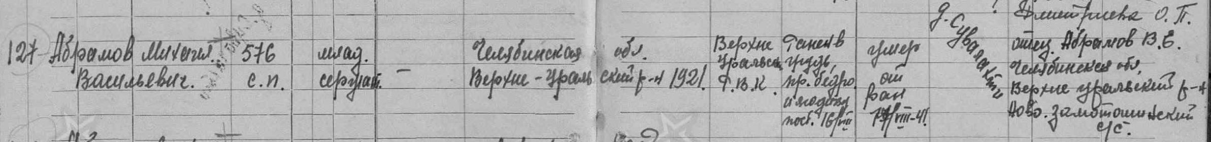 Строка госпитальной книги 233 ОМСБ.