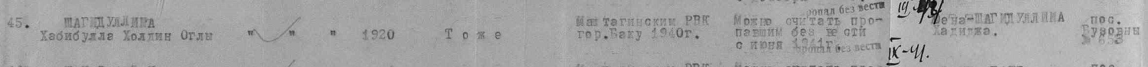 Строка ведомости Маштагинского РВК г. Баку за 1947 год.