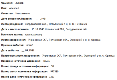 Сведения с сайта "ОБД Мемориал"