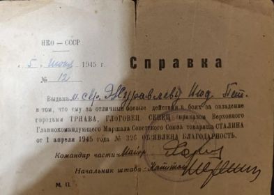 Справка И.П.Журавлеву о благодарн. Главкома Сталина  за бои  у гор. ТРНАВА, ГЛОГОВЕЦ и СЕНЕЦ от 01.04.45