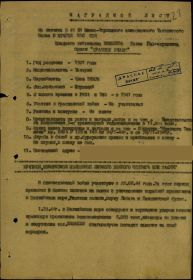 Наградной лист на орден "КРАСНОГО ЗНАМЕНИ".