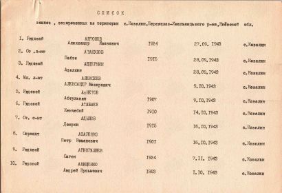 Поименный список воинского захоронения в селе Ковалин Переяслав -Хмельницкого района Киевской области Украина. Стр. 1