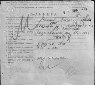 Анкета  на поиск сведений о  Махаеве  Михаиле  Ивановиче, в ответ на запрос родственника- Зимина ВВ.