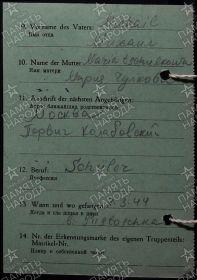 Транзитная карта военнопленного. Лагерь Люфтвафффе 2, Литцманштадт (Kriegsgefangenenlager 2 d. Lw. Litzmannstadt). Рысаков Юрий (Rysakow Jurij). Стр. 2