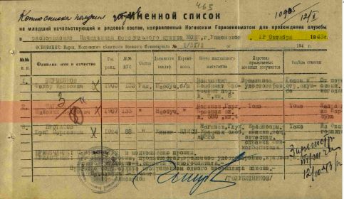 Именной список Ногинского горвоенкомата от 11 октября 1943 г. о направлении Н.П.Карлина для дальнейшего прохождения службы.