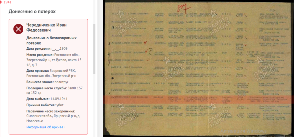 Донесение о потерях. Убит в бою 14.09.1941 г.  Захоронен в Смоленской обл., Ярцевский р-он, д. Новоселье