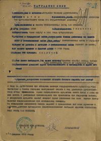 Наградной лист. Представлен к награде Орденом "Отечественной войны 1 степени". Конкретное изложение подвига и заслуг.