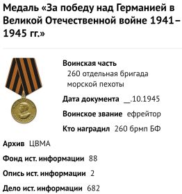 Награждение медалью «За победу над Германией в Великой Отечественной войне 1941-1945гг.» (31.10.1945г.)
