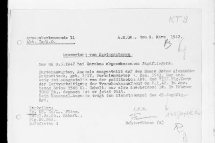 Немецкое донесение о сбитом самолёте у Сарабуза 9 марта 1942 года