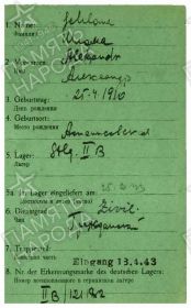 Транзитная карта военнопленного. Лагерь  Stalag II-В (Шталаг II-В), Hammerstein, Германия. Номер военнопл. 121181. Стр. 2. Шлома Александр (Schloma Alexander)