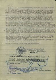 Наградной лист на звание "ГЕРОЙ СОВЕТСКОГО СОЮЗА"- награждён орденом "КРАСНОГО ЗНАМЕНИ".