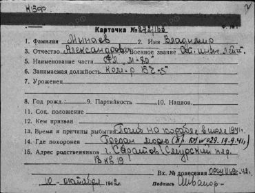 Учетная картотека. Минаев В.А. Стр. 1