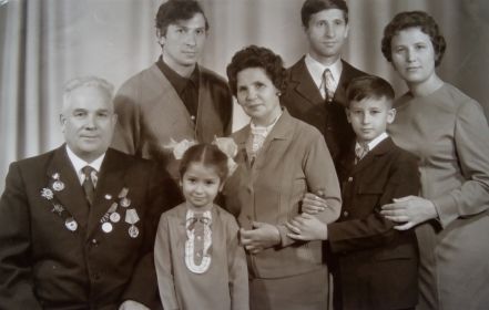 Иван Алексеевич, жена Вера, старший сын Гена, младший сын Валера с женой Валей и детьми (1974г)