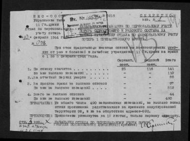 Донесения о безвозвратных потерях. упр. тыла 11 гв. А. 17.02.1944