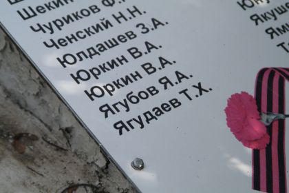 Фамилия Ягубова на бетонной подставке на братской могиле