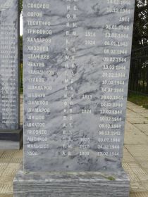 Мемориальная доска с добавленной в 2019 г. надписью: «ЛЫСИКОВ Г.В. 1925 - 03.02.1944» (снизу третья строка)