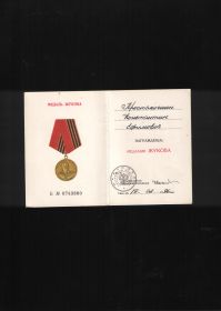 Удостоверение медали 19.02.1996