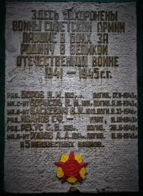 Мемориальная плита на обелиске, с фамилиями павших воинов.