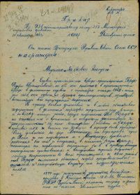 Приказ подразделения №: 207 от: 13.10.1943 Издан: 931 ап 373 сд о награждении медалью  «За боевые заслуги» (первая страница)