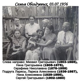 Семья Оболдуевых, снимок 03.07.1956 на юбилее Серафимы Николаевны - матери и бабушки. Подмосковье, станция Железнодорожная