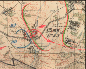 Карта района боевых действий 85 тбр в составе 13 танкового корпуса в начале июля 1942 года