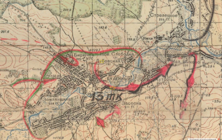 Топографическая карта района боевых действий 13 тк в июне 1942 г.