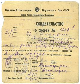 свидетельство о смерти Алексея Никитича от 12.01.1942