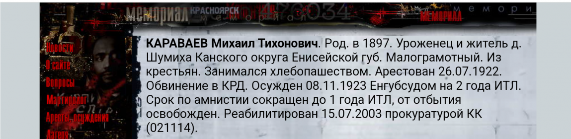 Красноярское общество МЕМОРИАЛ. Отец.Караваев Михаил Тихонович.