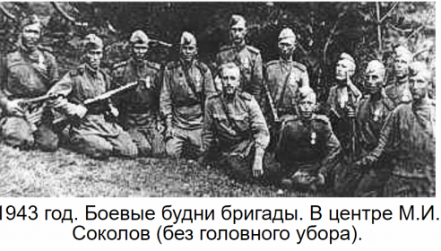 1943 год. Боевые будни бригады. В центре (без головного убора) гвардии полковник СОКОЛОВ М. И. (ЗАТО “ОЗЕРНЫЙ”: http://nashozerny.narod.ru/HTMLs/mil.htm ).