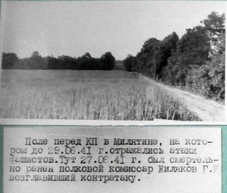Поле перед КП в Милятино, на котором до 29.06.41 отражались атаки фашистов. Тут 27.06.41 был смертельно ранен полковой комиссар Жиляков Г.И.