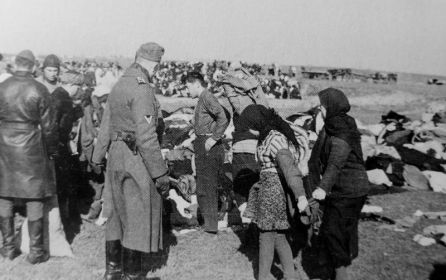 Жители еврейского происхождения из города Лубны перед расстрелом в Засульском яру. Перед расстрелом их заставили снять одежду.