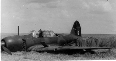 52 ббап. Лето 1941 г. Украина. Бомбардировщик Су-2 с тактическим номером 2 и эмблемой полка, на вынужденной посадке.