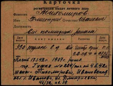 Карточка личного учета Тихомирова Д.И.
