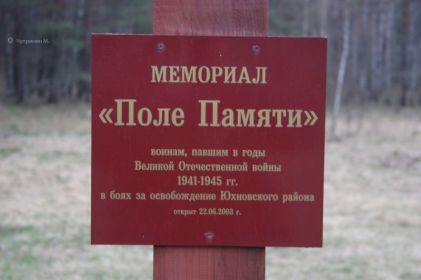 Захоронение: РОССИЯ: Калужская область, Юхновский район, деревня Долина, Воинский мемориал (рядом с 214 км Варшавского шоссе), Поле Памяти.