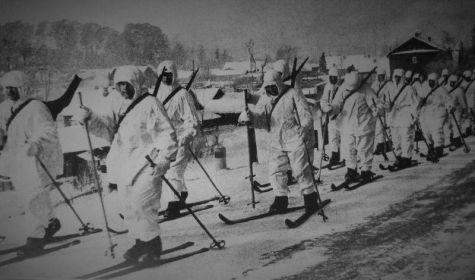 Лыжный батальон Красной Армии на марше. Волховский фронт