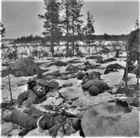 Фото из военного архива Финляндии: 14.04.1942 г. артбатарея финнов разместилась рядом с погибшими в зимних боях на дороге Масельская - Повенец красноармейцами. Петр Сысоев , гр. ВК