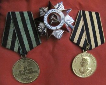 Медаль «за взятие Кёнигсберга», Орден Отечественной войны II степени, медаль «За победу над Германией в Великой Отечественной войне 1941—1945 гг.»