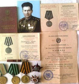 Орден Отечественной Войны 2 степени,   Орден Красной Звезды ,  Медаль "За Оборону Кавказа", Медаль "За взятие Кёнигсберга", Медаль" За Победу над Германией в Ве...