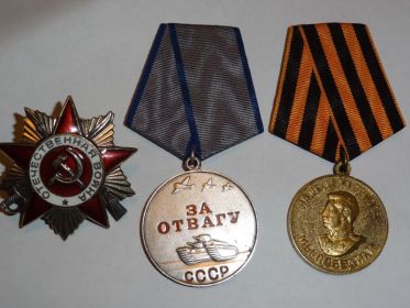 Орден Великой Отечественной войны II-степени, две медали "За отвагу", "За оборону Москвы", "За взятие Кенигсберга, "За победу над германией" 