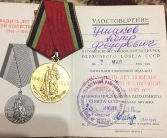 медаль "ДВАДЦАТЬ ЛЕТ ПОБЕДЫ В ВЕЛИКОЙ ОТЕЧЕСТВЕННОЙ ВОЙНЕ 1941-1943