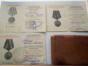 Медаль " За взятие Кенигсберга ", медаль " За победу над Германией в ВОВ ", медаль " За доблестный и самоотверженный труд в период ВОВ "